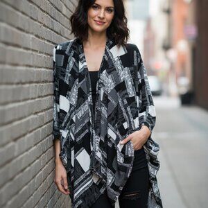 Yon L XL Kimono Duster Top Black White Gray Textured Coverup Wrap Boho Edgy